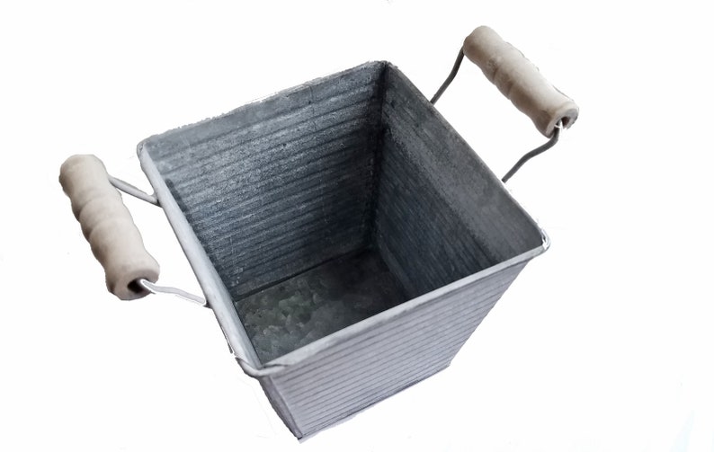 Square Metal Bucket w/Wood Handles 5 galvanized metal planter, kitchen utensil holder, metal flower pot, garden planter, gift under 15 image 3