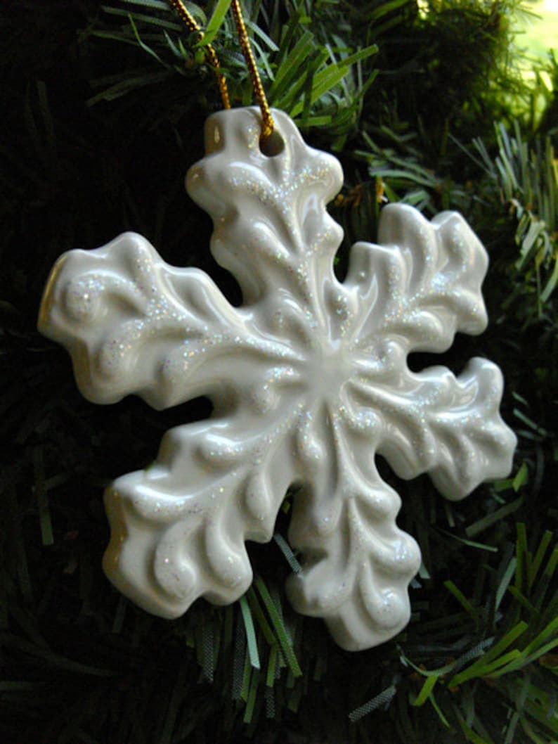 Ceramic Snowflake Ornament Christmas snowflake decor, winter wedding decor, sparkly ornament, white snowflake, ceramic keepsake ornament image 2