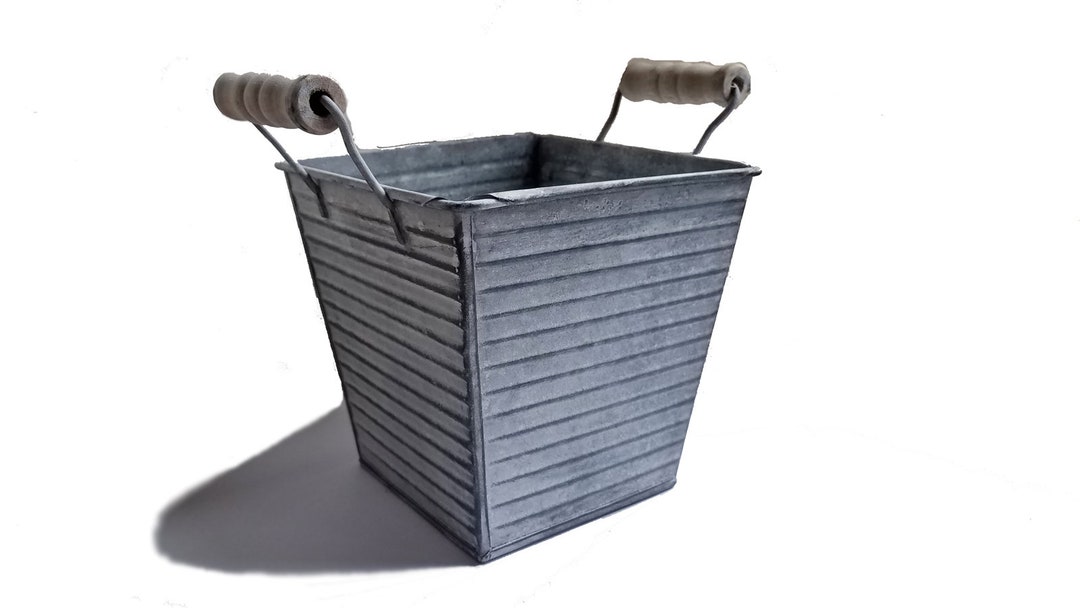 Square Metal Bucket W/wood Handles 5 Galvanized Metal Planter, Kitchen
