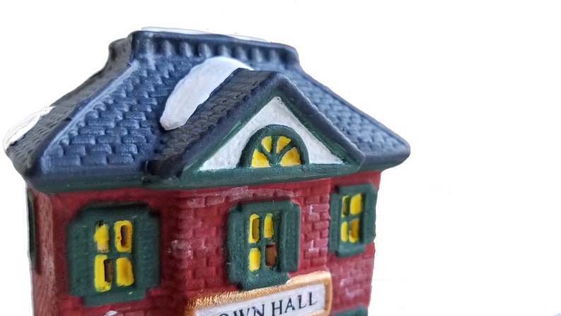 Christmas Village House Town Hall figurine, brick house, lighted Christmas decor, ceramic village, holiday village houses, gift under 35 image 9