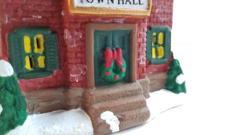 Christmas Village House Town Hall figurine, brick house, lighted Christmas decor, ceramic village, holiday village houses, gift under 35 image 8