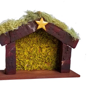 Miniature Nativity Stable Wood Nativity manger, rustic Nativity creche, Christmas Nativity creche, Holy Family, gold star image 2