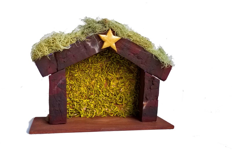 Miniature Nativity Stable Wood Nativity manger, rustic Nativity creche, Christmas Nativity creche, Holy Family, gold star image 2