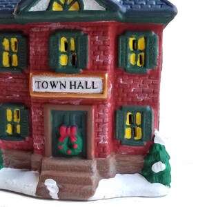 Christmas Village House Town Hall figurine, brick house, lighted Christmas decor, ceramic village, holiday village houses, gift under 35 image 3