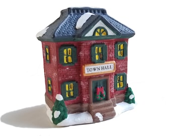 Christmas Village House - Town Hall figurine, brick house, lighted Christmas decor, ceramic village, holiday village houses, gift under 35