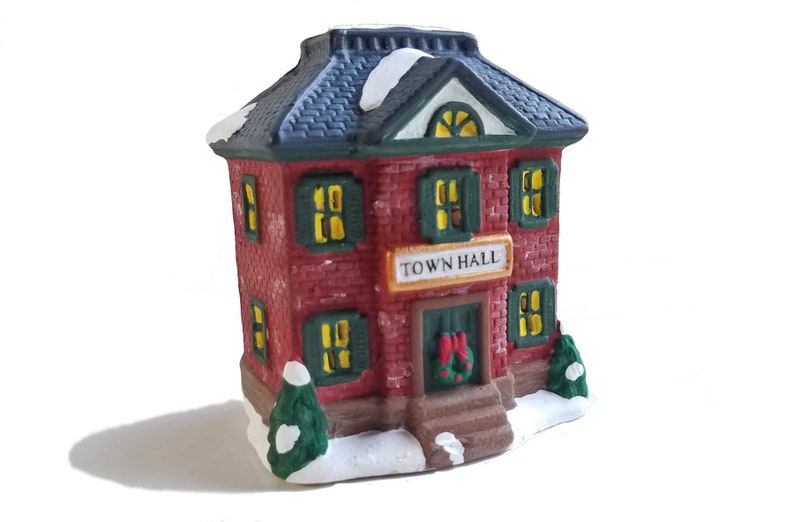 Christmas Village House Town Hall figurine, brick house, lighted Christmas decor, ceramic village, holiday village houses, gift under 35 image 1