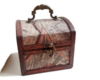 Wood Trunk - Map box, men's valet box, travel wedding, wood purse, treasure chest, small wood chest, keepsake box, small jewelry box