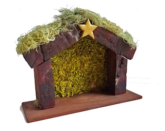 Miniature Nativity Stable - Wood Nativity manger, rustic Nativity creche, Christmas Nativity creche, Holy Family, gold star