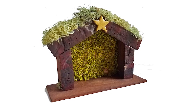 Miniature Nativity Stable Wood Nativity manger, rustic Nativity creche, Christmas Nativity creche, Holy Family, gold star image 1