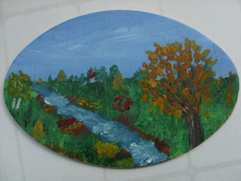 Miniature Original Painting Autumn painting, river painting, miniature art painting, affordable art, collectible art, OOAK art image 1