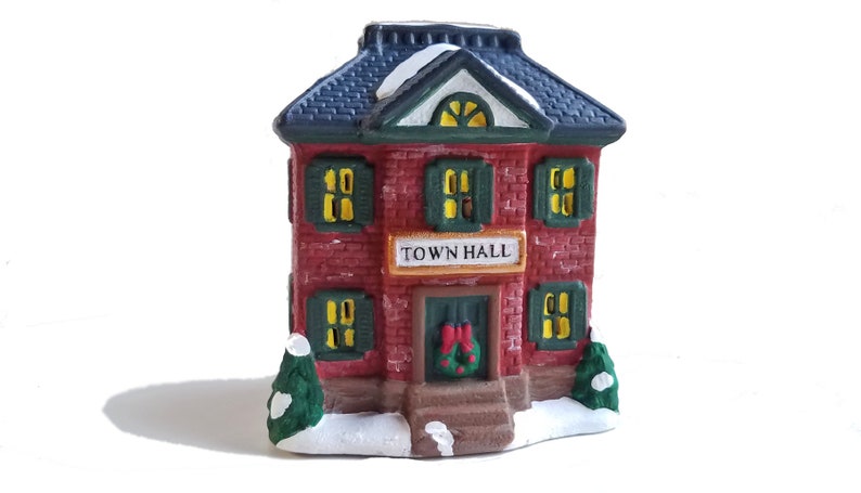 Christmas Village House Town Hall figurine, brick house, lighted Christmas decor, ceramic village, holiday village houses, gift under 35 image 2