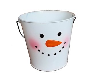 Snowman Bucket - Snowman pail, snowman decor, snowman Christmas decoration, frosty snowman, metal bucket, metal pail, gift under 15
