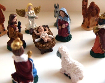 Miniatuur kerststal - Nativity set, heilige familie, creche, Kerstmis miniatuur, baby Jezus, Maagd Maria, engel, wijze mannen, religieuze decor