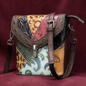 Genuine Cowhide Leather Mini Crossbody Bag, Colorful Patchwork Flap Shoulder Purse