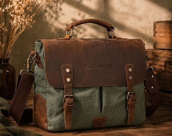 Maletín de lona y cuero con nombre personalizado para portátil de hombre, bolso de oficina vintage