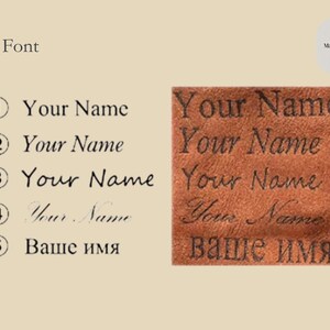 May include: Image showcasing font styles for personalized text. The word "Font" is at the top. Five font options are displayed, with the text "Your Name" in various styles. A brown leather patch displays the same text in multiple fonts.