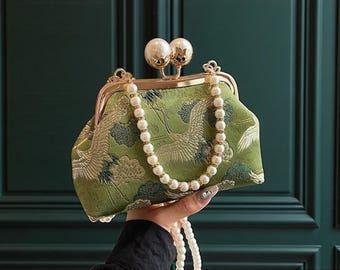 Retro Embroidered Crane Evening Bag – Pearl Handle Chain Crossbody Purse