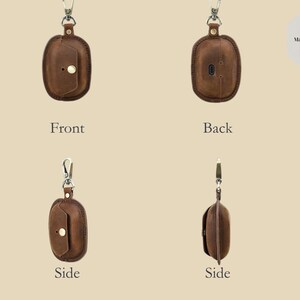 May include: A brown leather case for earbuds, featuring a snap closure and a silver-colored clasp. The image shows the front, back, and side views of the case, highlighting its design and texture. The case is designed to protect and carry earbuds.