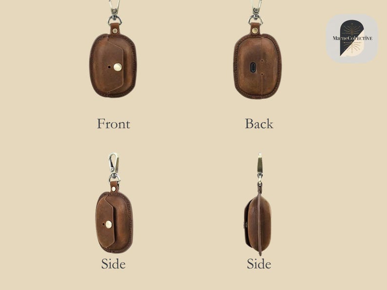 May include: A brown leather case for earbuds, featuring a snap closure and a silver-colored clasp. The image shows the front, back, and side views of the case, highlighting its design and texture. The case is designed to protect and carry earbuds.