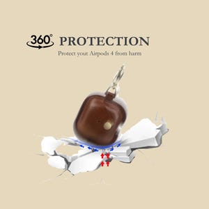 May include: A brown leather Airpods 4 case with a silver clasp, shown breaking through a white surface. The image includes the text "360 PROTECTION" and "Protect your Airpods 4 from harm."