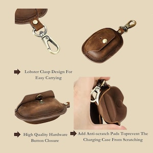 May include: Brown leather case with a button closure and a lobster clasp for easy carrying. The case has anti-scratch pads to protect the charging case. The text reads: "Lobster Clasp Design For Easy Carrying" and "High Quality Hardware Button Closure".