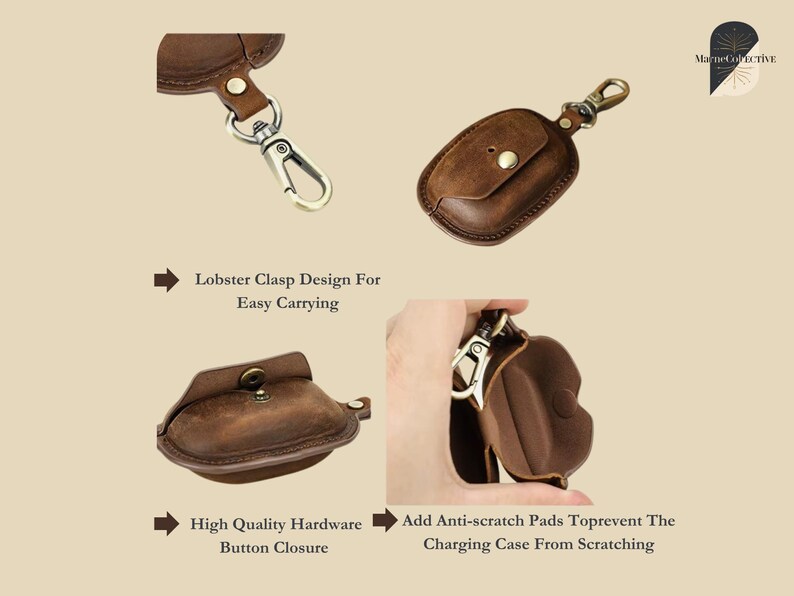 May include: Brown leather case with a button closure and a lobster clasp for easy carrying. The case has anti-scratch pads to protect the charging case. The text reads: "Lobster Clasp Design For Easy Carrying" and "High Quality Hardware Button Closure".