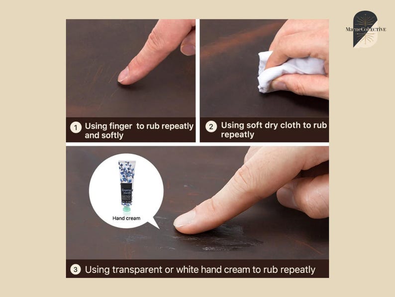 May include: A three-step guide to removing a mark from a brown surface. The steps include rubbing with a finger, a soft cloth, and hand cream. The image also includes the text "Using finger to rub repeatedly and softly", "Using soft dry cloth to rub repeatedly", and "Using transparent or white hand cream to rub repeatedly".