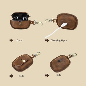 May include: A brown leather earbud case with a silver clasp and a white charging cable. The case is shown open, closed, and with the charging port accessible. The text "Open", "Charging Open", and "Side" are included.