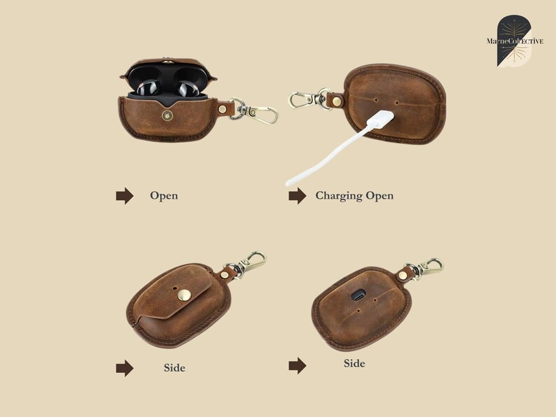 May include: A brown leather earbud case with a silver clasp and a white charging cable. The case is shown open, closed, and with the charging port accessible. The text "Open", "Charging Open", and "Side" are included.