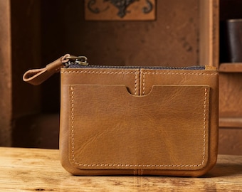 Tarjetero de piel Crazy Horse: monedero y llavero de piel auténtica