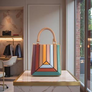 Könnte beinhalten: Eine farbenfrohe geometrische Handtasche mit hellbraunem Griff. Die Tasche hat vertikale Streifen in Rot-, Orange-, Gelb-, Blau- und Grüntönen. Die Tasche steht auf einer Marmoroberfläche mit goldfarbenem Rand.