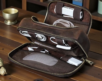 Personalisierte Leder Tech Organizer, echte Rindsleder Gadget Reisetasche
