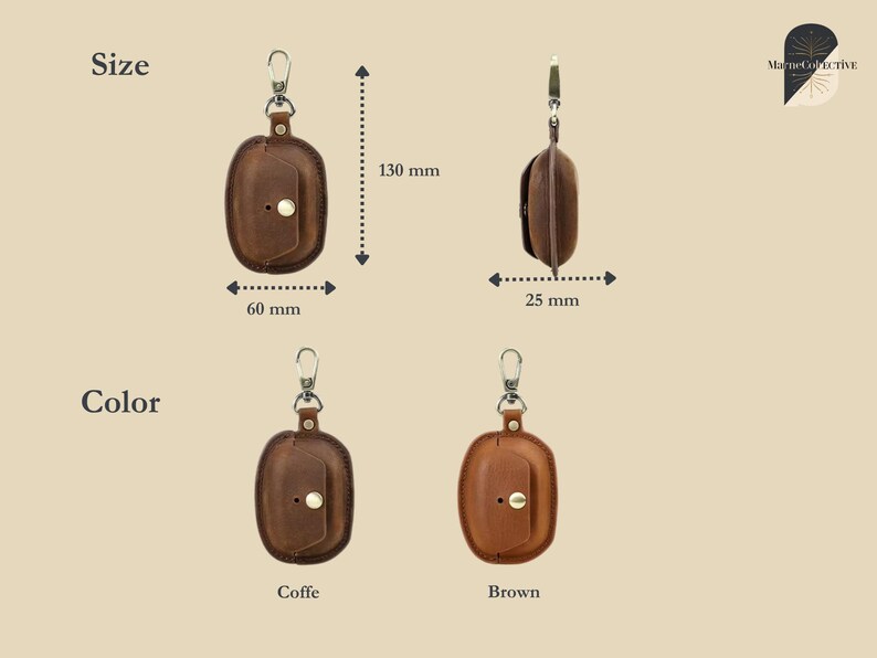 May include: Leather case for earbuds in two colors: Coffe and Brown. The case is 130 mm tall, 60 mm wide, and 25 mm thick. It has a snap closure and a silver-colored carabiner clip.