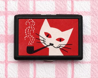 Sigarettenkoker witte kat rookpijp, retro metalen sigarettenhouder, vintage kattenkunstzakhoesje, cadeau voor kattenliefhebbers