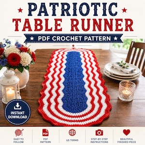 May include: A PDF crochet pattern for a patriotic table runner featuring a central blue oval surrounded by concentric wavy stripes of white and red. The text reads PATRIOTIC TABLE RUNNER, PDF CROCHET PATTERN, INSTANT DOWNLOAD, EASY TO FOLLOW, US TERMS.