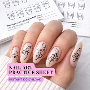Nail Art Practice Cards – Monogram Style Swirls | Nail Design Training Sheets | Digital Download PDF