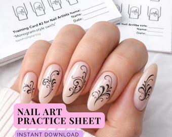 Cartões de Prática de Nail Art – Espirais em Estilo Monograma | Folhas de Treinamento de Design de Unhas | Download Digital em PDF
