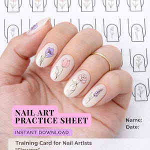 Op de afbeelding: Een hand met beschilderde nagels met bloemmotieven, waaronder een tulp, roos en lavendel. De afbeelding toont ook een oefenvel voor nail art met de tekst "NAIL ART PRACTICE SHEET" en "INSTANT DOWNLOAD".