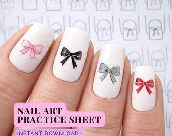 Folhas de Prática de Unhas Decoradas com Laços | Cartões de Treinamento Minimalistas (PDF nos formatos A5 e Carta)