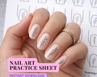 Floral Nail Art Practice Template – Fine Line Botanical Training Card for Nail Artists