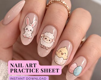 Nail Art Practice Sheet | Easter Bunny, Sheep, Chick Designs (Digital Download)