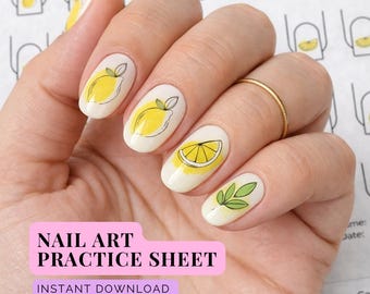 Folha de exercícios de nail art com limões, mini desenhos de primavera (download em PDF, formato A5/Carta EUA)