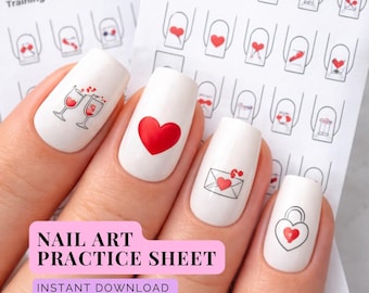 Modelo para prática de nail art | Cartão de treinamento para o Dia dos Namorados para manicures | PDF para impressão