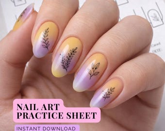 Nail Art Practice Worksheet – Minimalist Leaf Design Training Card (Instant Download)