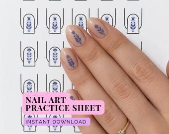 Folha de exercícios de nail art com flores azuis, mini desenhos de verão (download em PDF, formato A5/Carta).