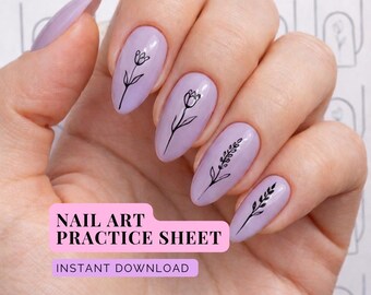 Folha de exercícios de nail art floral, mini desenhos de primavera/verão (download em PDF, formato A5/Carta).