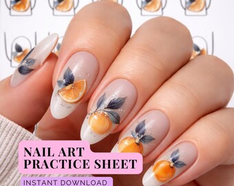 Orange Citrus Nail Art Practice Sheet, Summer Hand Painted Designs (PDF Download)