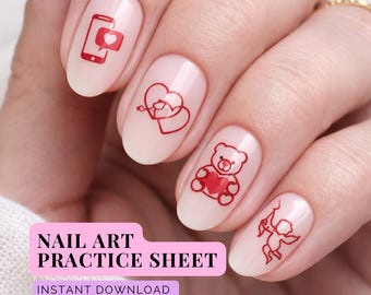 Folhas de exercícios de nail art para o Dia dos Namorados | Desenhos minimalistas com linhas (Download digital)