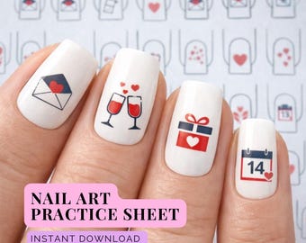 Cartões para praticar nail art para o Dia dos Namorados | Desenhos com tema de amor (Download digital)