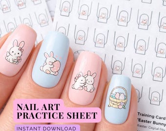 Folha de exercícios de nail art com coelhinhos da Páscoa, mini desenhos de primavera (download em PDF, formato A5/Carta EUA)
